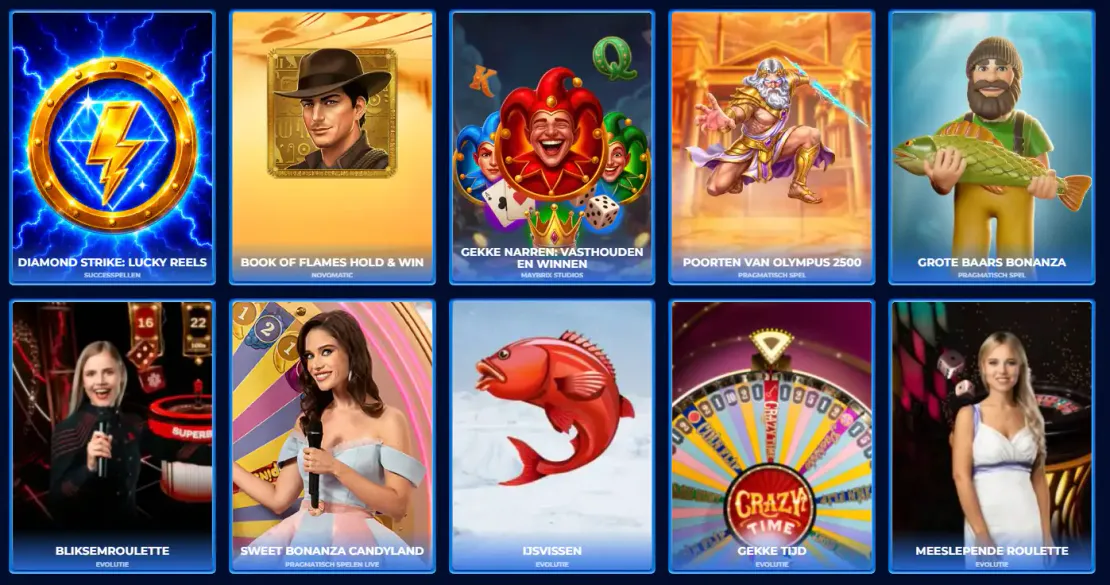Royal Spinia-spellobby met videoslots, live casinospellen en spelshows